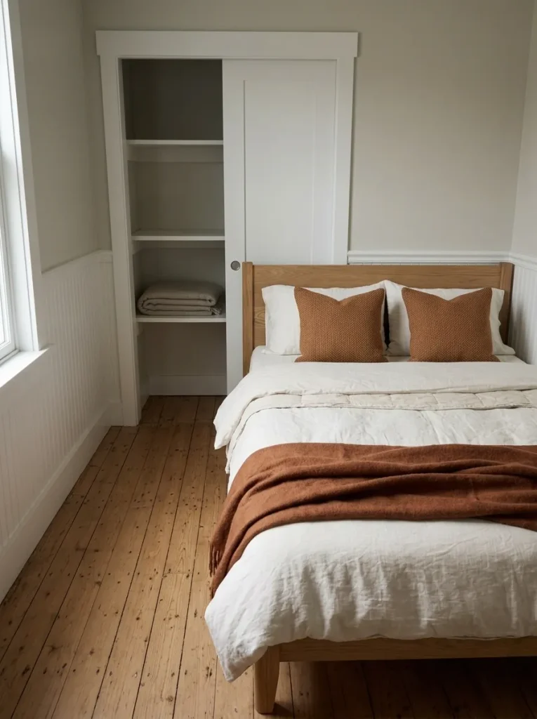 Rust decorative pillows on a compact guest bed with available closet storage for pillows at bedtime.