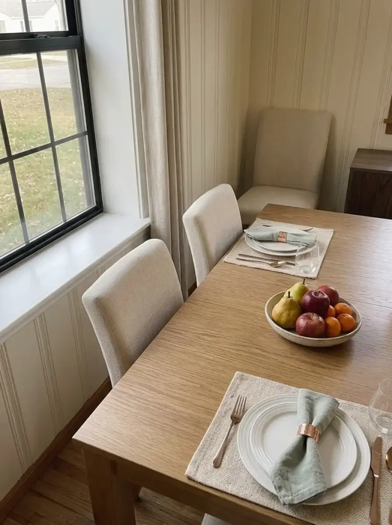 Thanksgiving harvest jars on a dining nook windowsill beside a small table with open space for serving food.
