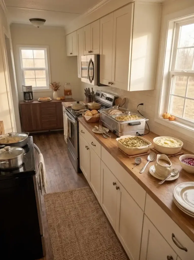 Thanksgiving hot-food station with turkey, casseroles, and warming equipment on a narrow mobile home kitchen counter.
