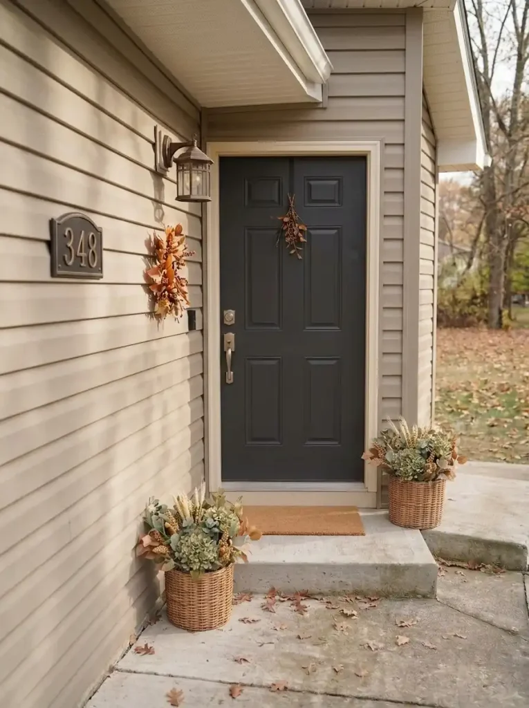 Small copper autumn leaf arrangement accenting a visible house number beside a charcoal manufactured home front door.