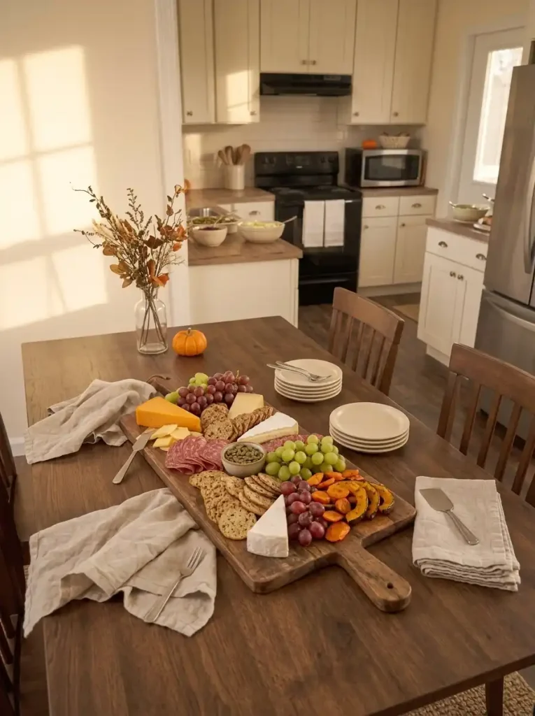 Thanksgiving charcuterie board arranged in an autumn leaf shape on a dining table beside a mobile home kitchen.