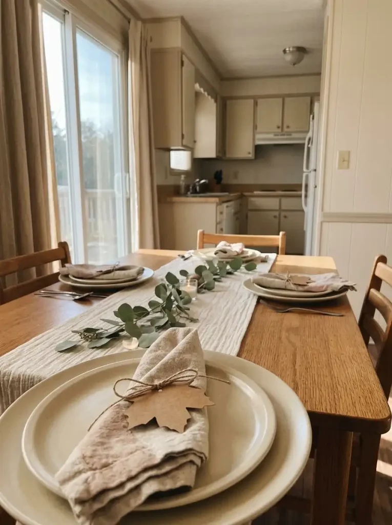 Thanksgiving place settings with leaf-shaped name cards tied to napkins on a four-seat mobile home dining table.