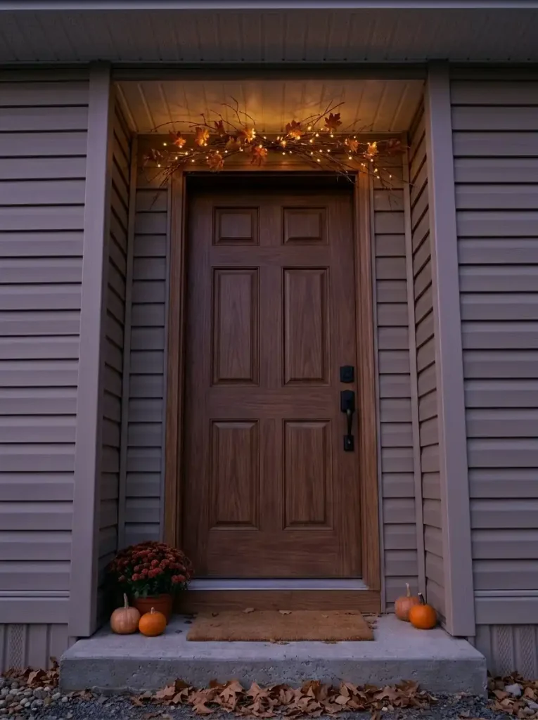 Warm amber lights woven into a slender autumn twig canopy above a sheltered manufactured home front door.