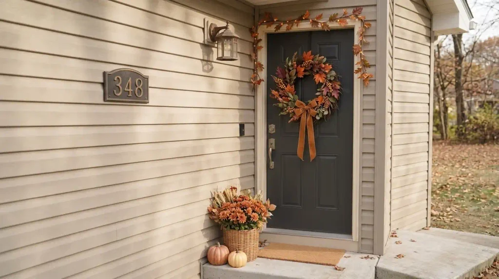 Thanksgiving manufactured home front door decor featuring a colorful fall wreath, harvest basket, pumpkins, and warm autumn lighting.