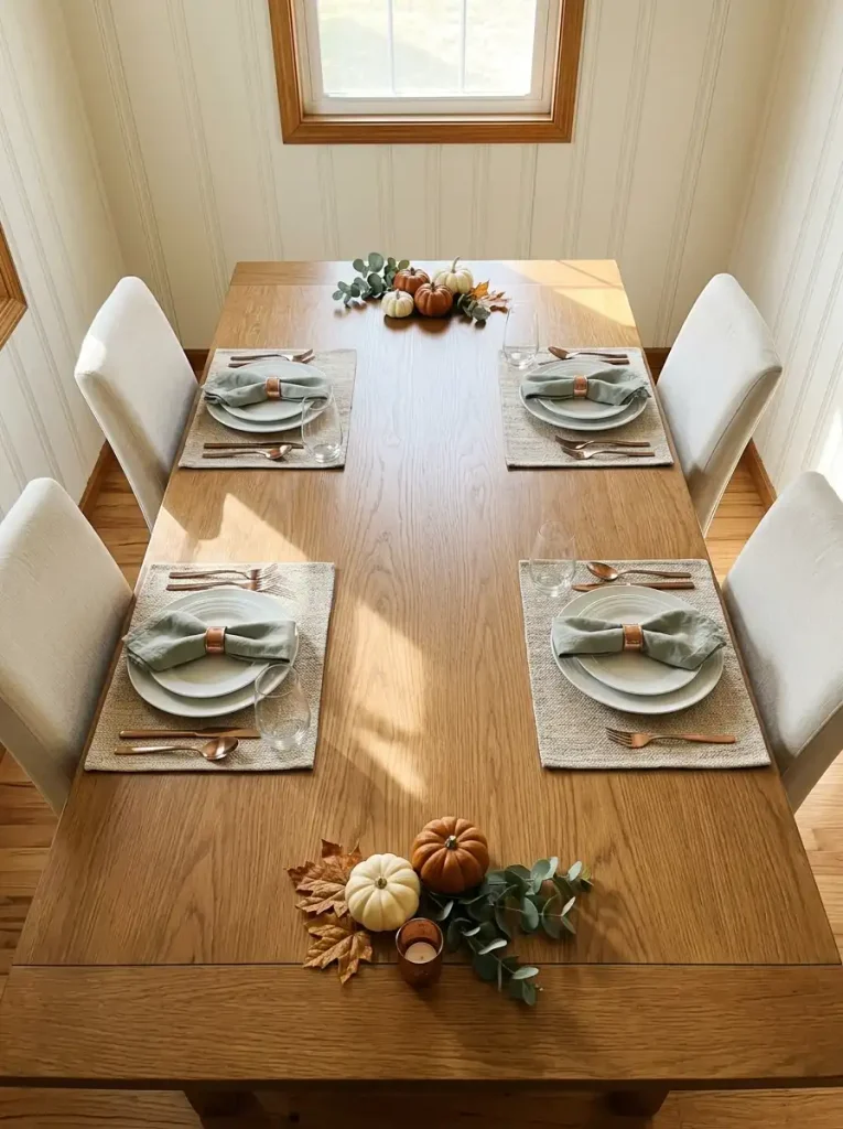 Mini pumpkin clusters at the ends of a narrow Thanksgiving table, keeping the middle clear for food.