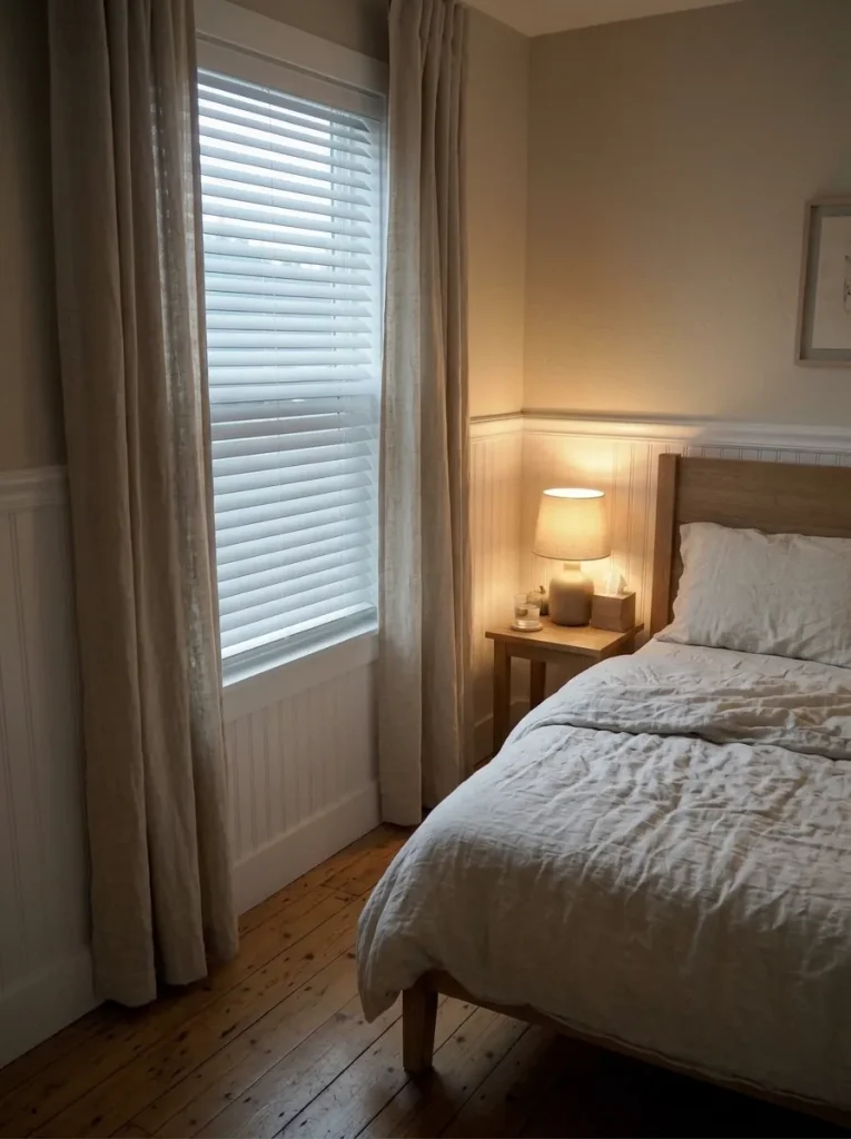 Mobile-home guest bedroom window with oatmeal linen curtains and a functional white privacy blind.