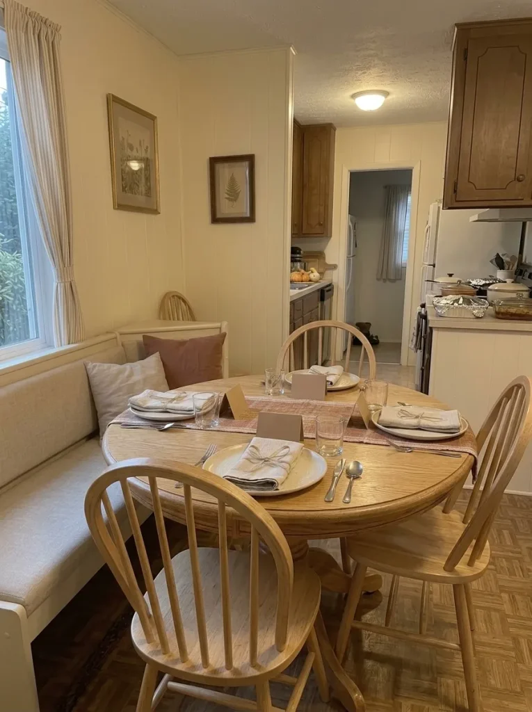 Small mobile home dining nook set for Thanksgiving with serving dishes near the kitchen and a clear route around the chairs.