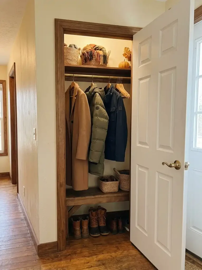 Open entry closet with long guest coats on hangers, a scarf basket and lower shoe storage in a small mobile home.