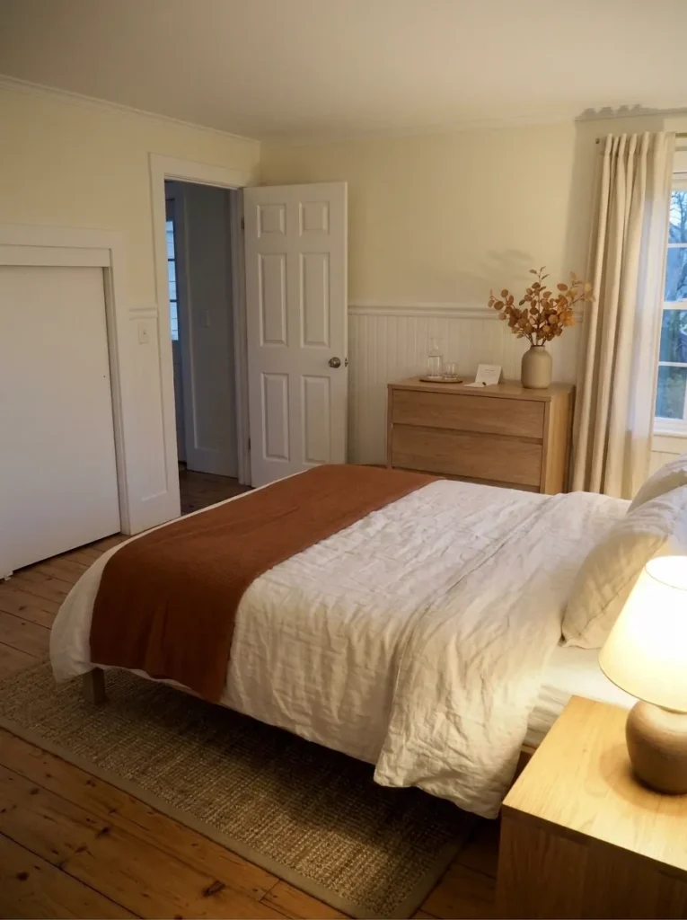 Finished Thanksgiving guest bedroom with ivory bedding, warm bedside lighting, a clear walking route, and an organized dresser.