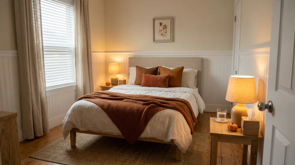 Small mobile-home guest bedroom styled for Thanksgiving with ivory bedding, cinnamon pillows, warm lighting and an open walkway.