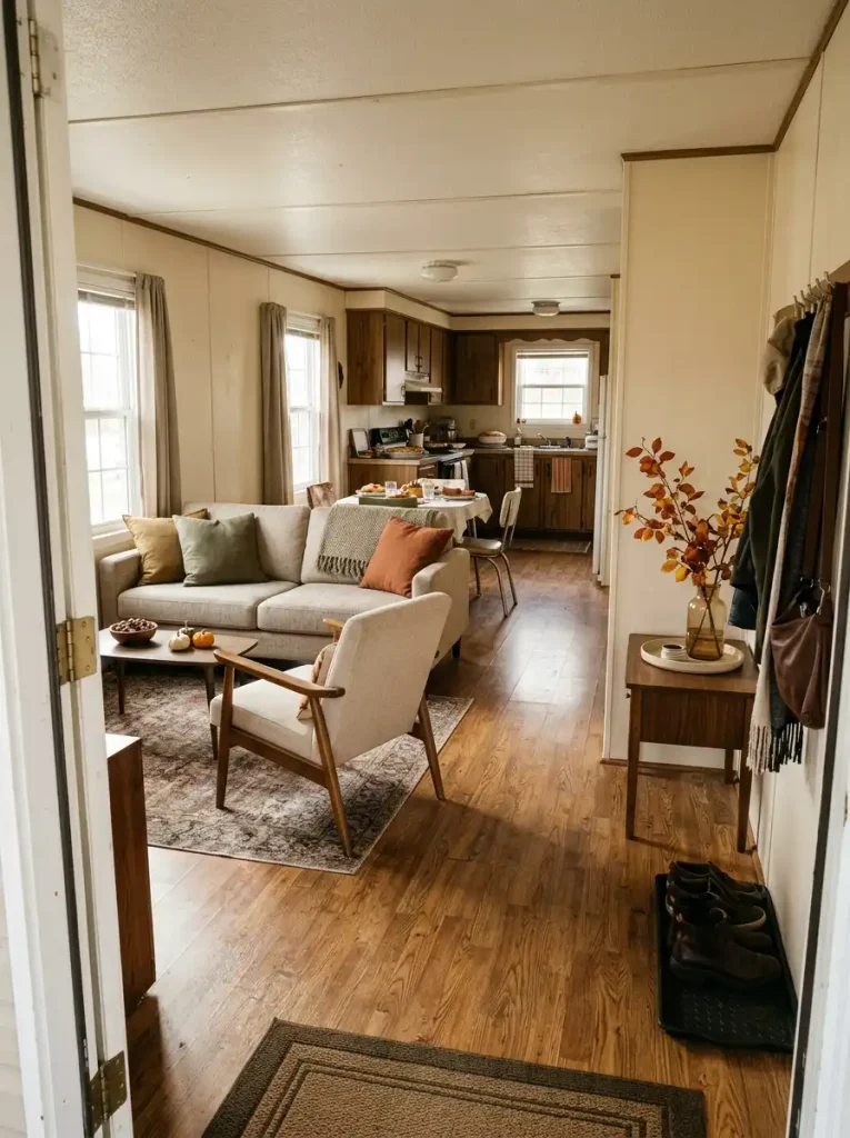Small single-wide living room with an open Thanksgiving guest arrival area, a sofa beyond the front door and a clear path to the kitchen.