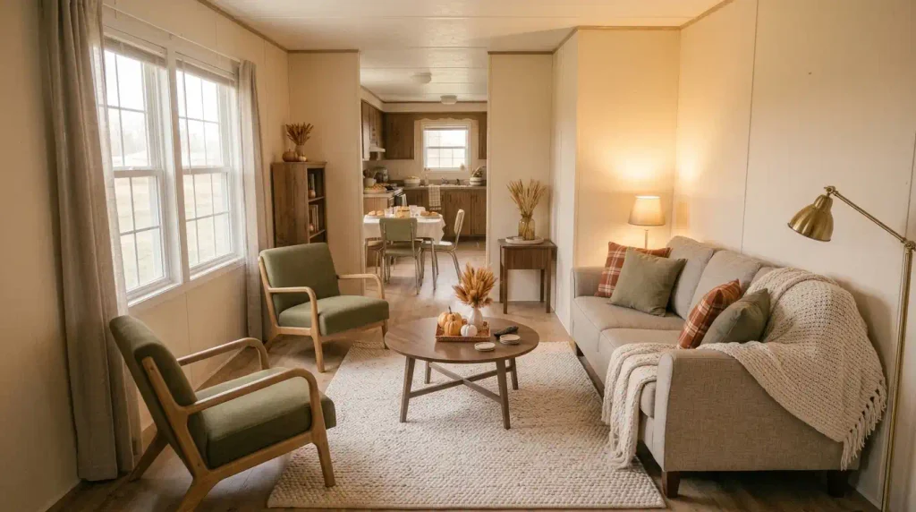 Cozy Thanksgiving mobile home living room layout with a sofa, two accent chairs, a round coffee table, and an open walkway to the dining area.
