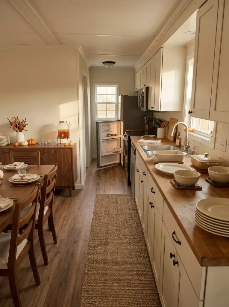 Narrow mobile home kitchen with an open refrigerator showing how appliance doors affect Thanksgiving buffet traffic.