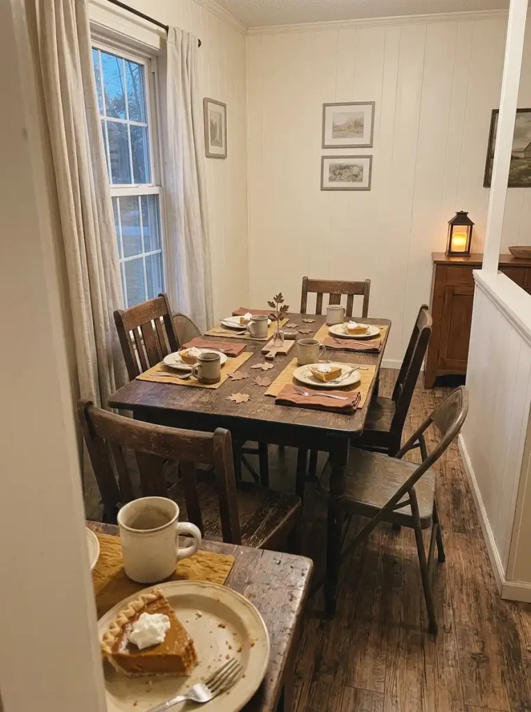 Small mobile home Thanksgiving dessert table reset with pumpkin pie plates, coffee mugs and a simple low centerpiece.