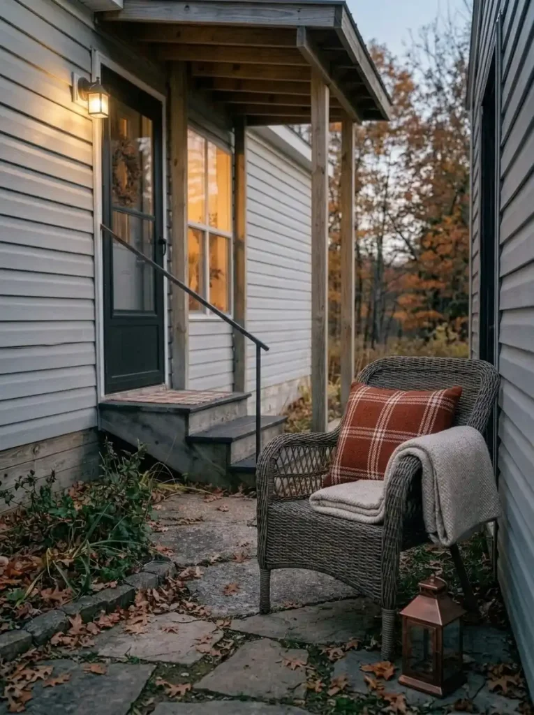 Rust-and-ivory plaid cushion on an existing chair in a small mobile-home porch seating corner away from the entrance.