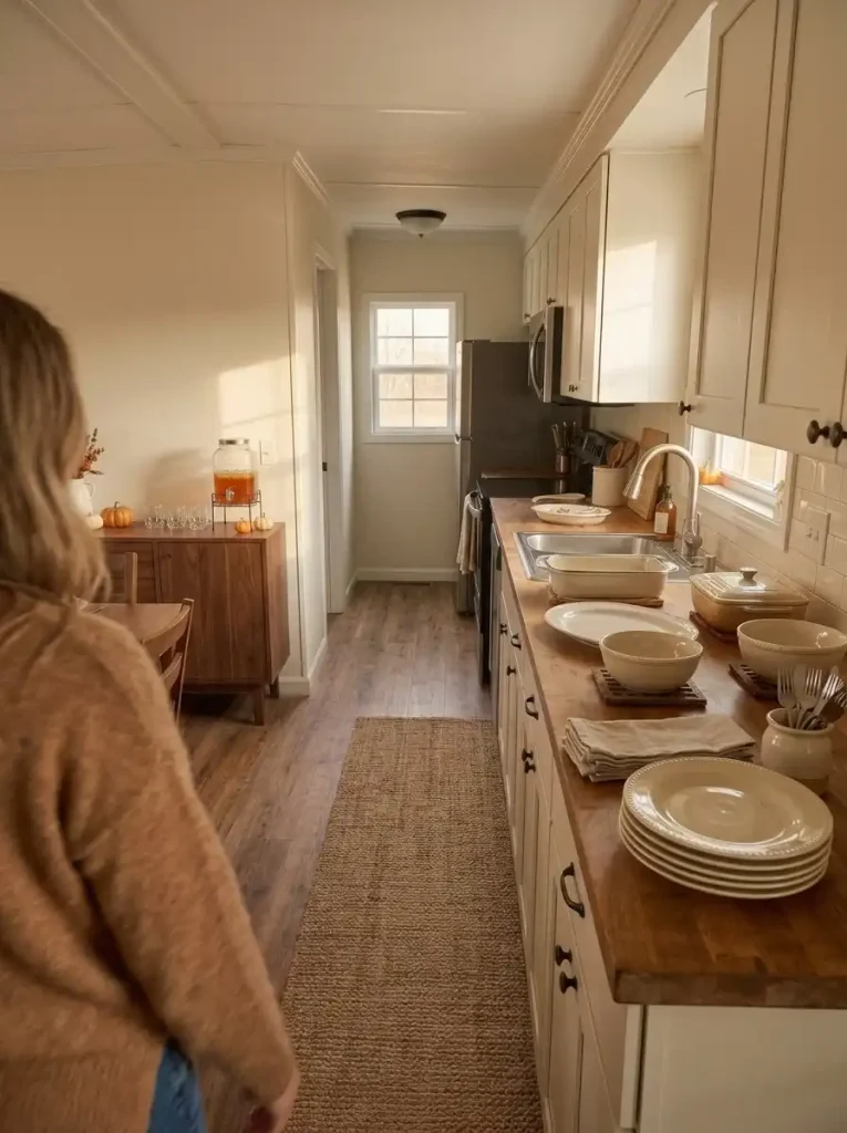 Guest approaching a Thanksgiving buffet plate station at the dining-facing end of a narrow kitchen counter.