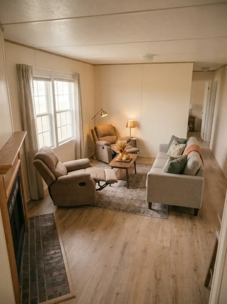 Two fully extended recliners positioned at staggered angles with a clear walkway in a small mobile home living room.