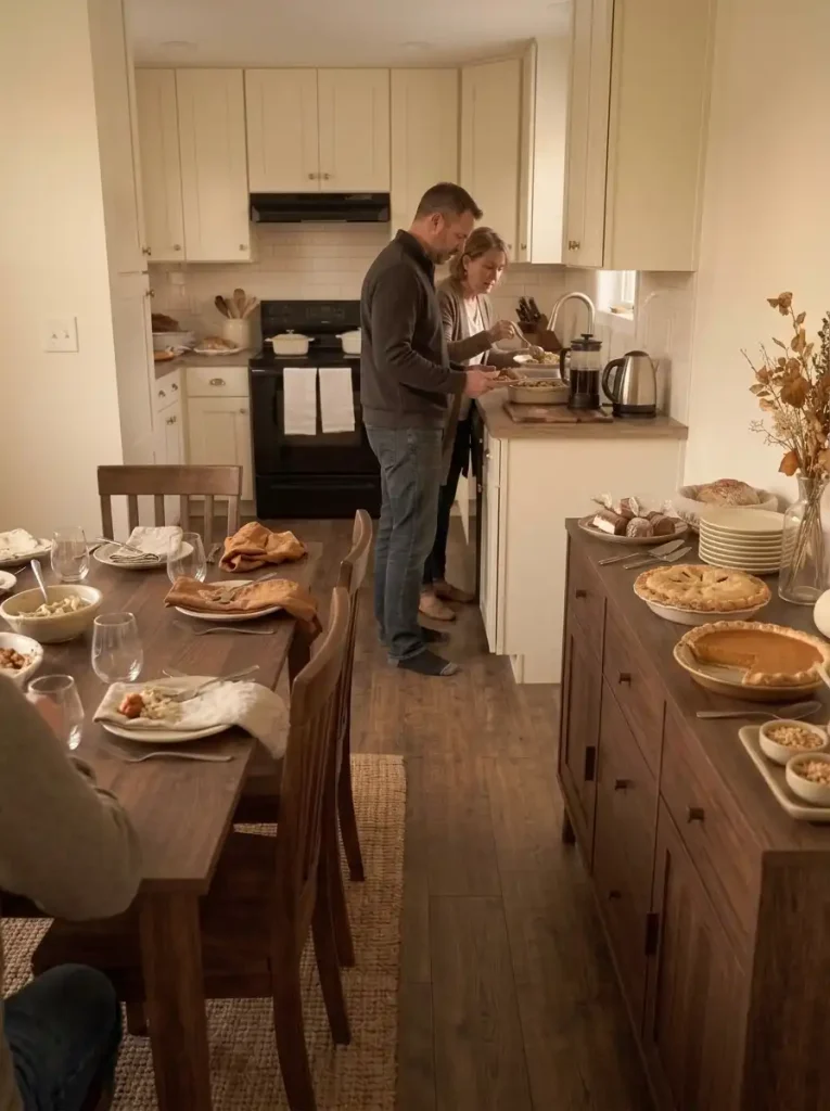 Guest collecting a second helping at the dining-facing buffet counter with a clear path around the Thanksgiving table.