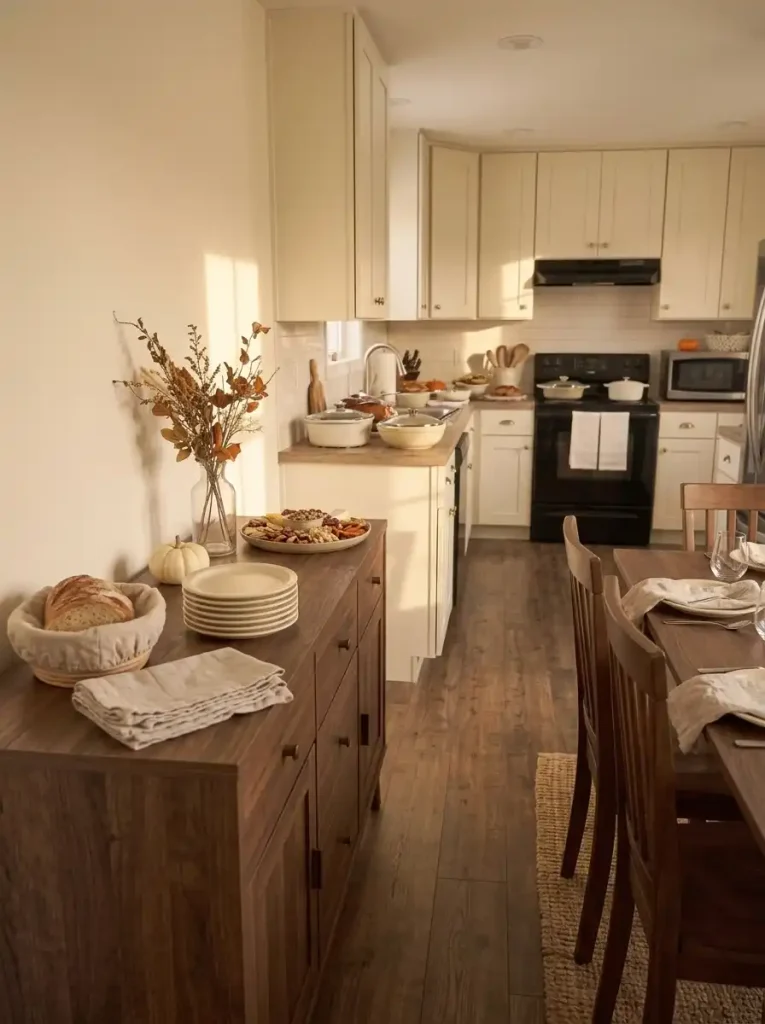 Dining-room sideboard holding Thanksgiving bread and extra plates beside a narrow mobile home kitchen buffet.