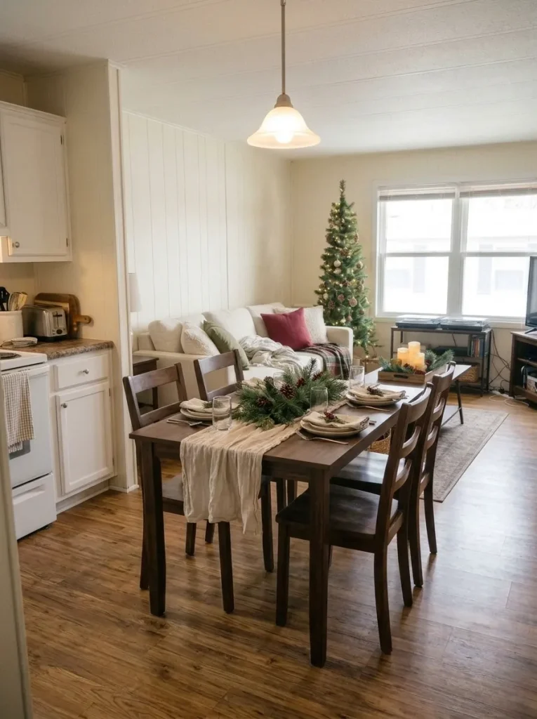 Small mobile home dining table with ivory runner, evergreen Christmas centerpiece, and usable place settings