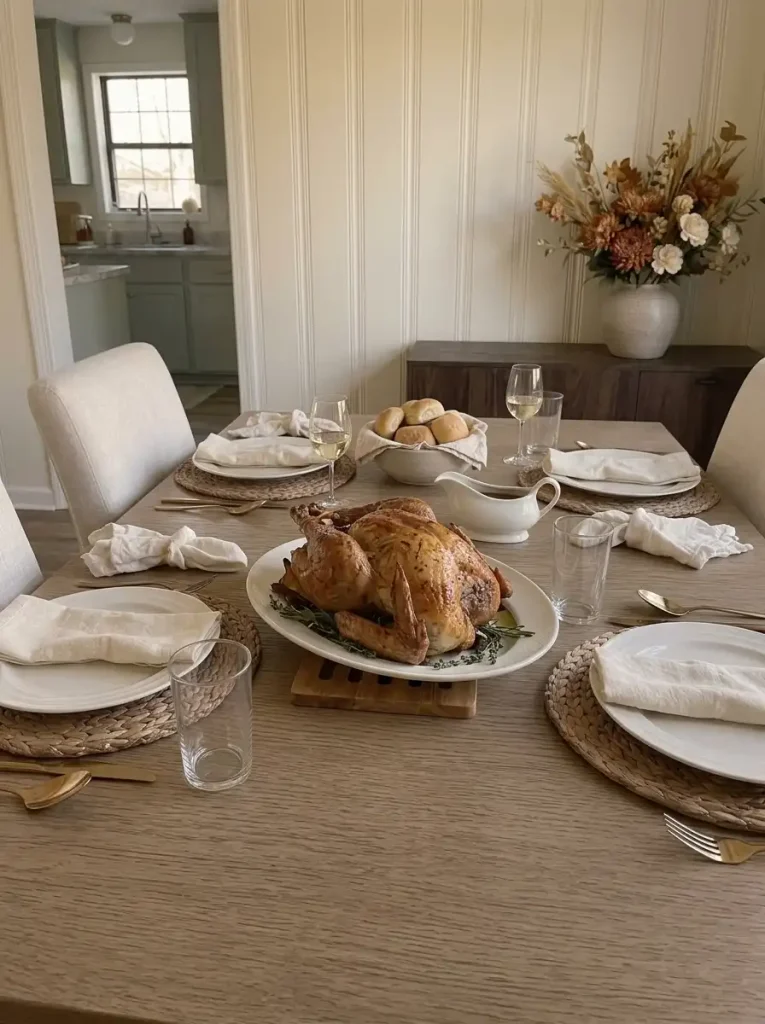 Thanksgiving turkey serving platter as the centerpiece of a small dining table set for four guests.