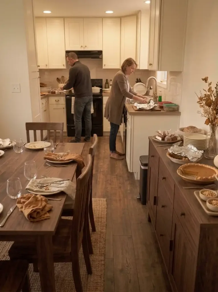 Thanksgiving cleanup station with used plates on a separate sideboard and a clear route to the kitchen sink.