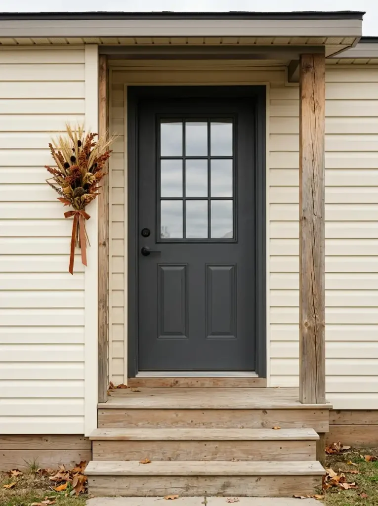 Slim wheat-and-copper Thanksgiving swag beside a charcoal mobile-home front door, with the narrow porch steps clear.