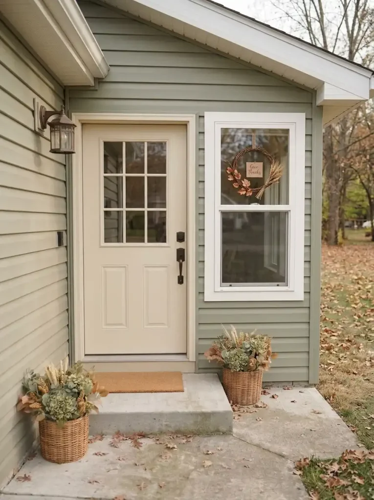 Small Thanksgiving harvest wreath in a window beside a cream glass-top manufactured home front door.
