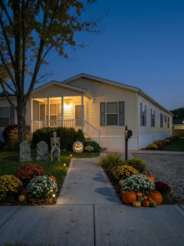 Mobile home Halloween front yard arranged in three depths with a curbside cue, mid-yard focal scene and lit entry.