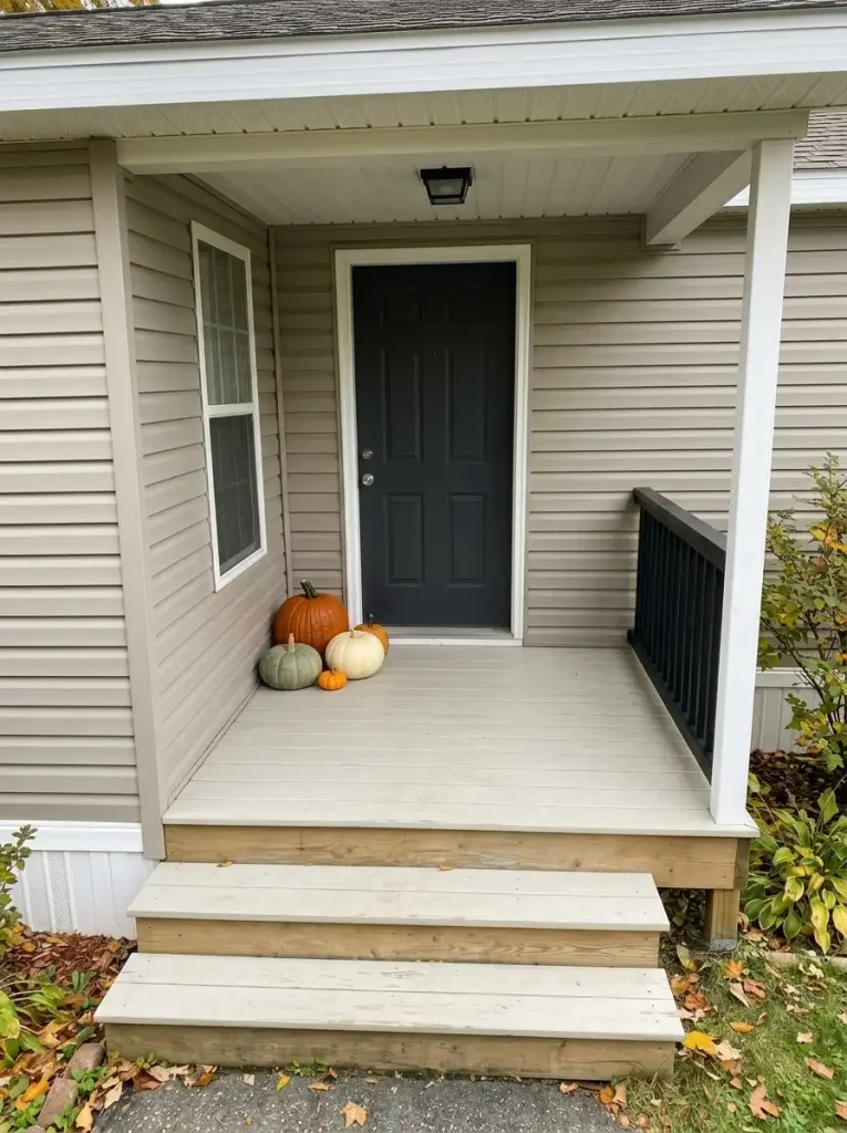 Large, medium and mini pumpkins form a triangular cluster beside the black door of a compact mobile-home porch.
