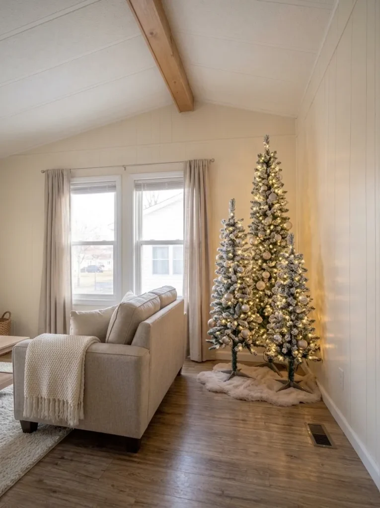 Three slim flocked Christmas trees grouped along an unused end wall in a narrow living room.