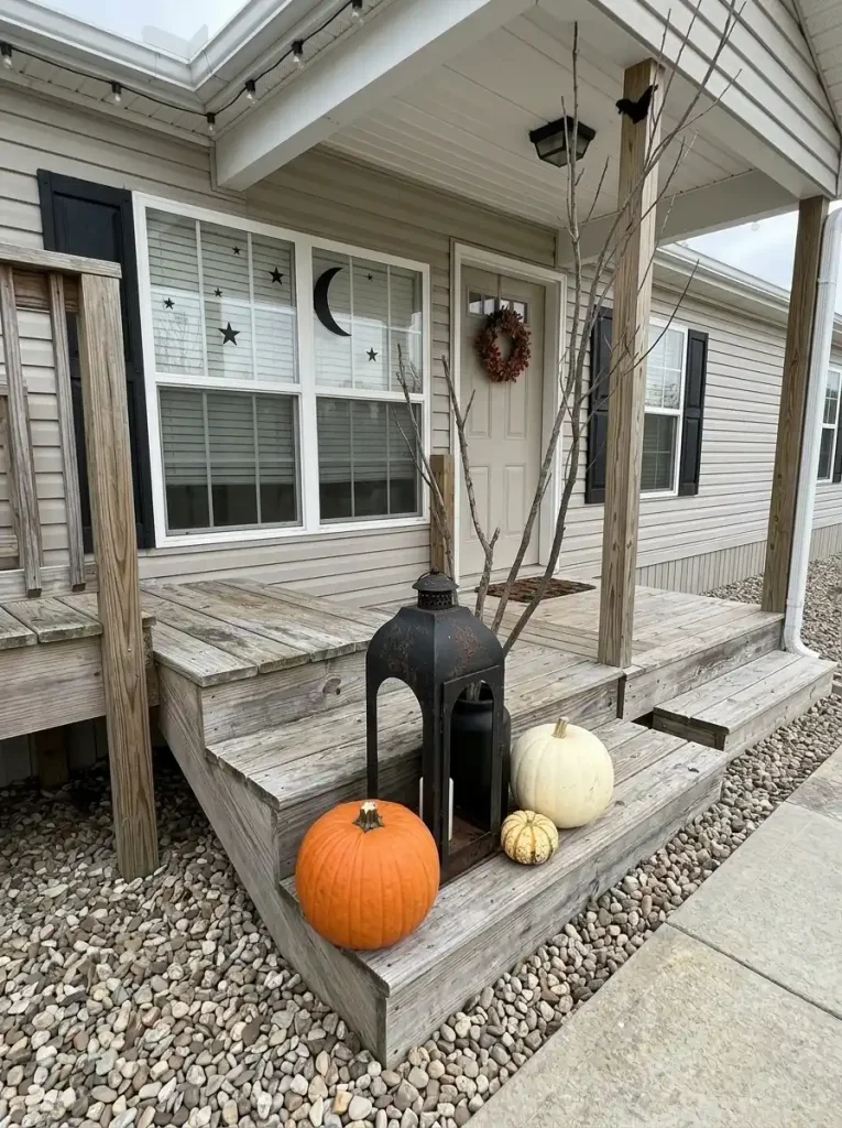 Large thrifted black lantern anchoring a small pumpkin and branch display on a modest manufactured-home porch.