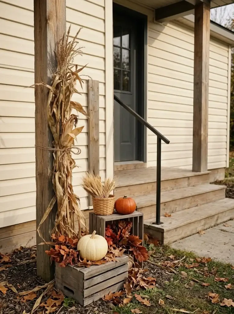 Low tiered wooden crates holding ivory pumpkins and wheat beside narrow mobile-home steps on a firm ground pocket.