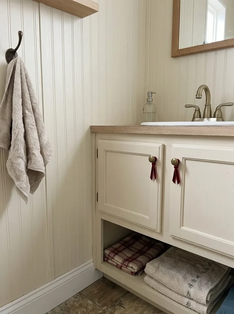 Short cranberry Christmas ribbons tied to brass knobs on a compact cream bathroom vanity.