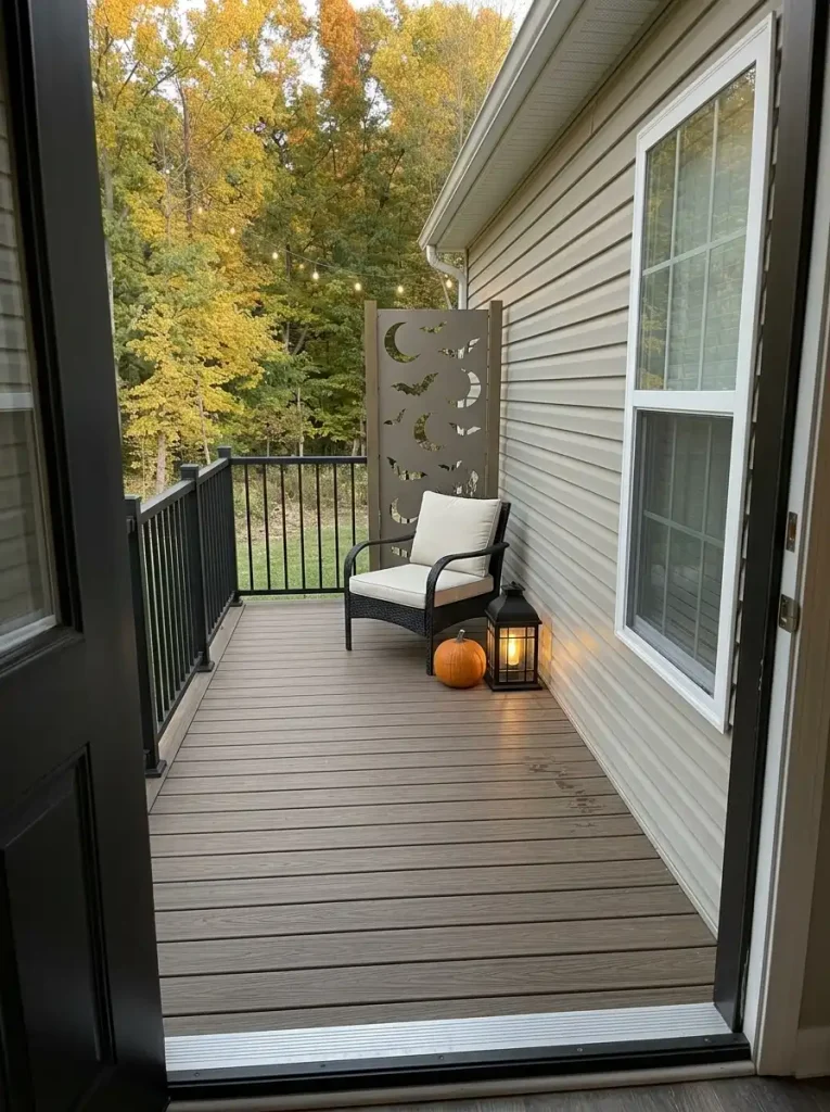 One chair, vertical Halloween accent, and low pumpkin cluster create a photo-ready corner on a tiny patio.