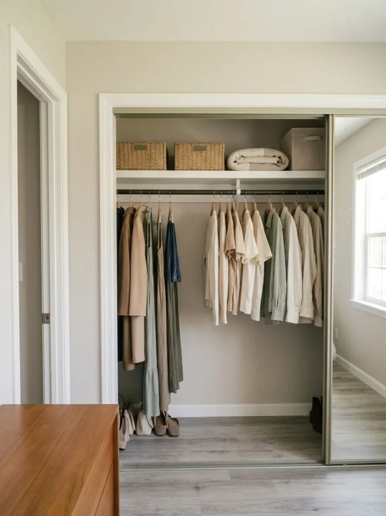 Upper closet shelf with lightweight wicker storage baskets and folded bedding above a clothing rod in a mobile home.