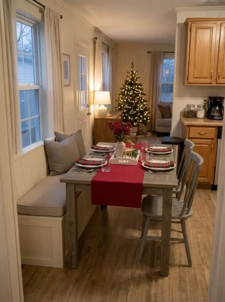 Four-seat farmhouse Christmas table with a crimson runner, white scalloped plates, plaid napkins, and a small centerpiece.