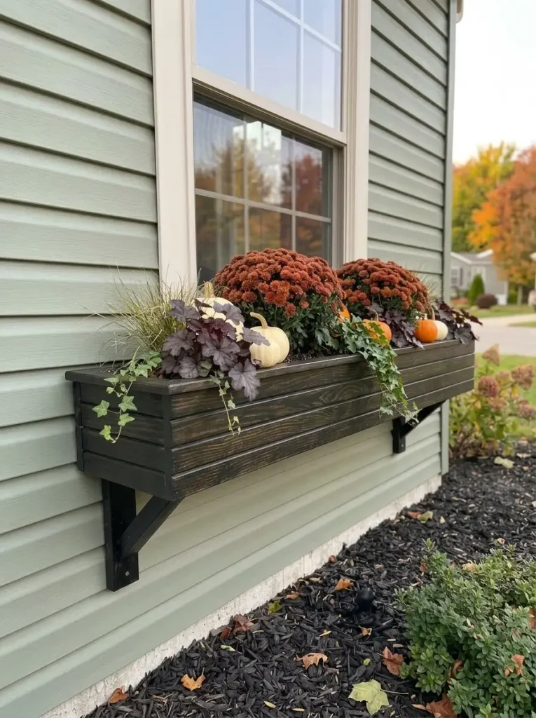 Trailing ivy falls over a dark fall window box beneath a mobile-home window, softening the horizontal planter and siding lines.