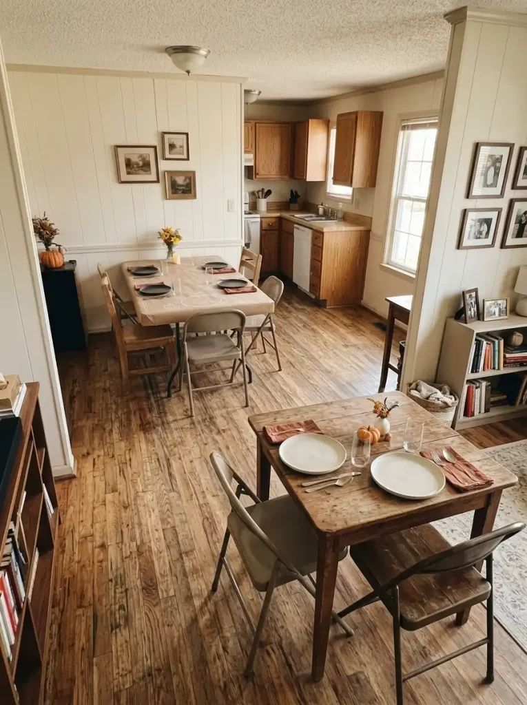 Two coordinated Thanksgiving tables for four and two guests in a small mobile home open-plan dining area.