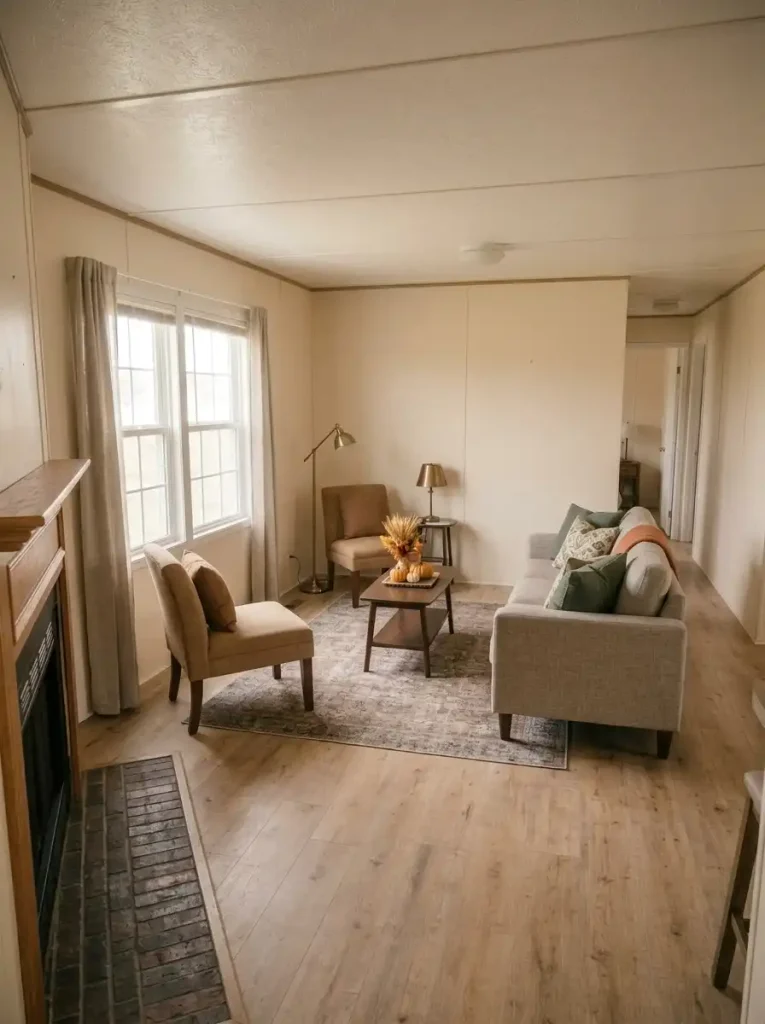 Sofa and two armchairs arranged in an open U around a fireplace in a compact double-wide Thanksgiving living room.