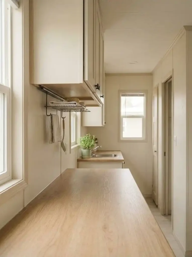Shallow hanging storage beneath upper cabinets in a small mobile home kitchen with the countertop below kept clear for food preparation.