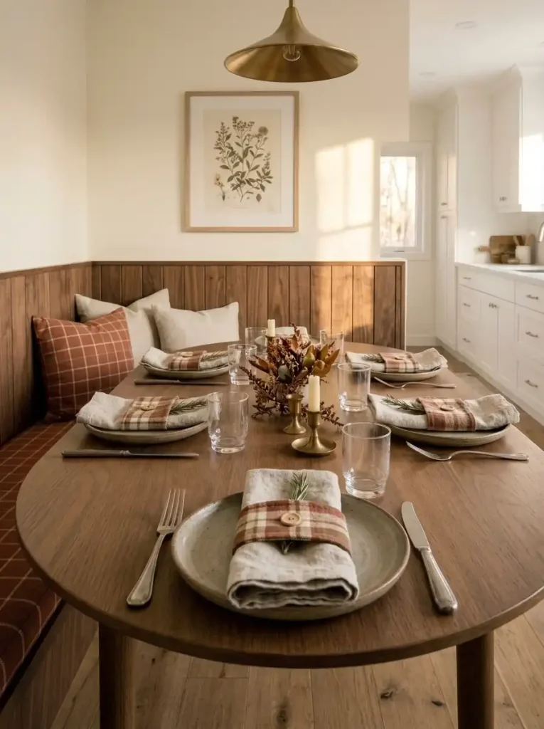 Recycled checked flannel button cuffs securing linen napkins on a small walnut dining table.