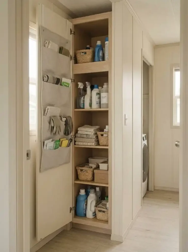 Open utility cabinet in a mobile home with shallow organizers on the inside of the door and larger supplies stored deeper on the shelves.