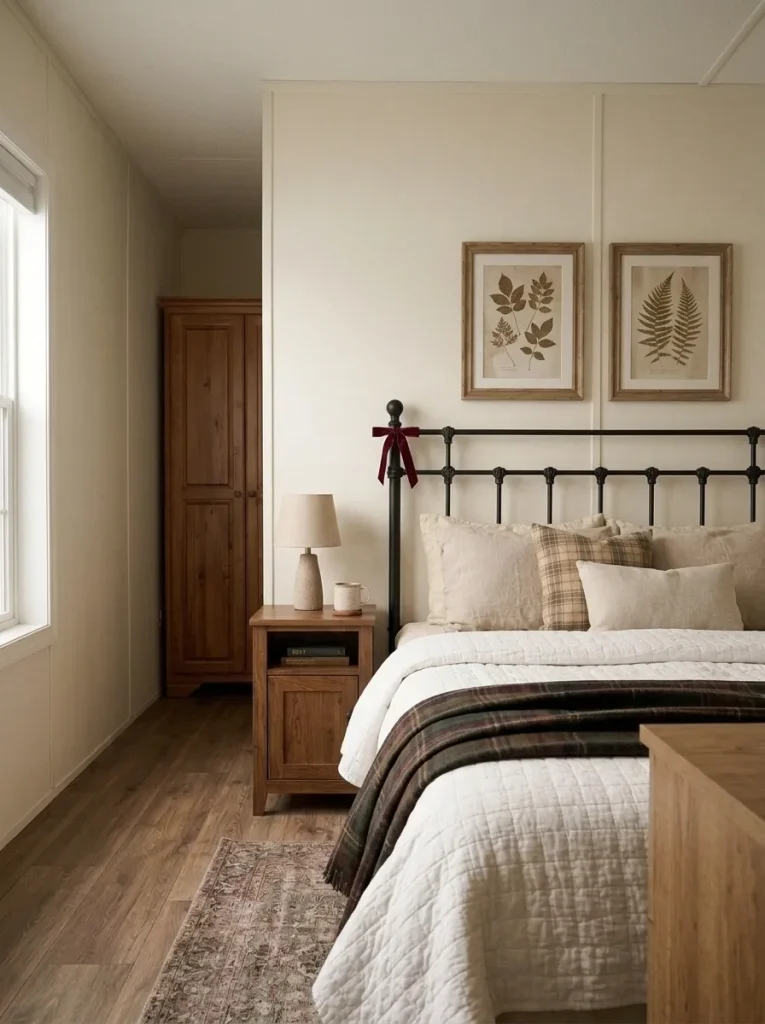 Black iron bed frame decorated with short burgundy velvet Christmas bows, white bedding, and a subtle plaid throw.