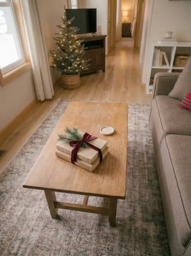 Coffee table books tied with burgundy velvet Christmas ribbon and decorated with a small evergreen sprig.