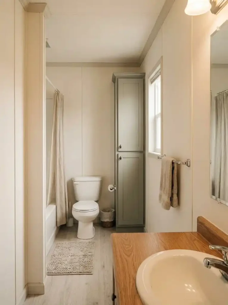 Compact mobile home bathroom with a shallow tall cabinet positioned away from the main access space around the vanity and fixtures.