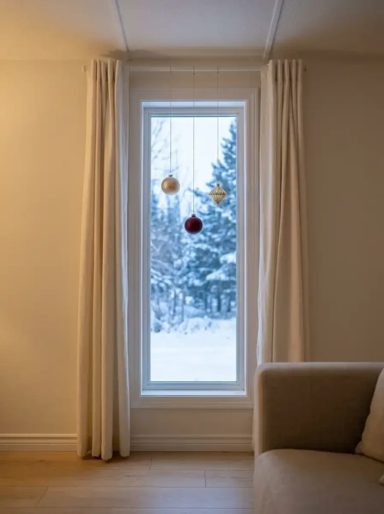 Three staggered gold, burgundy and champagne Christmas ornaments hanging in a narrow mobile home window.