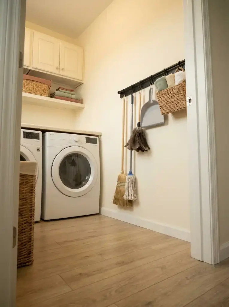 Mobile home utility wall with brooms, mop, duster, and dustpan stored together vertically above a clear floor area.