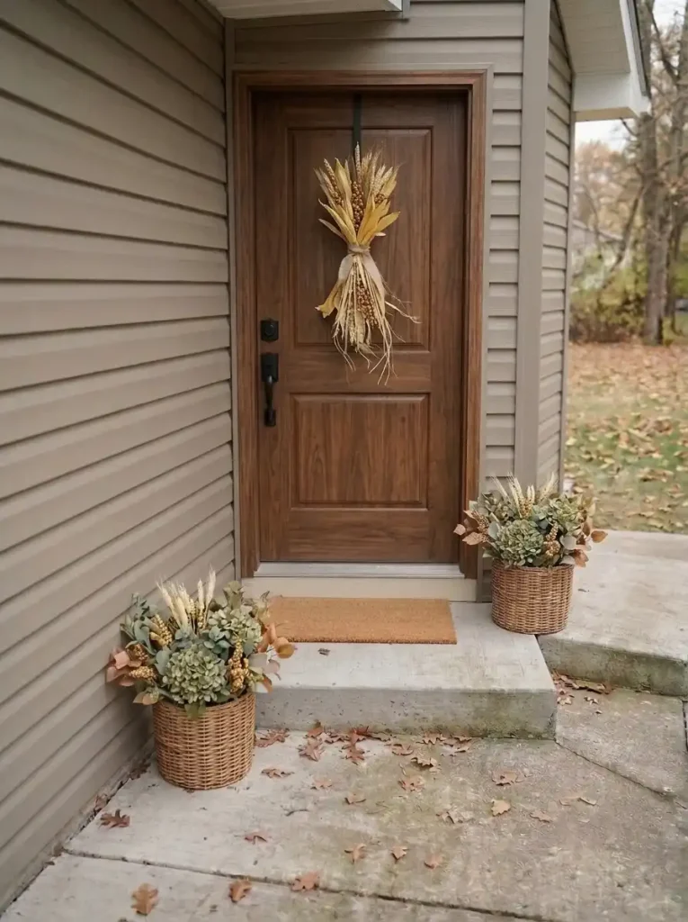 Slender golden corn-husk and wheat sheaf hanging on a walnut-look manufactured home front door.