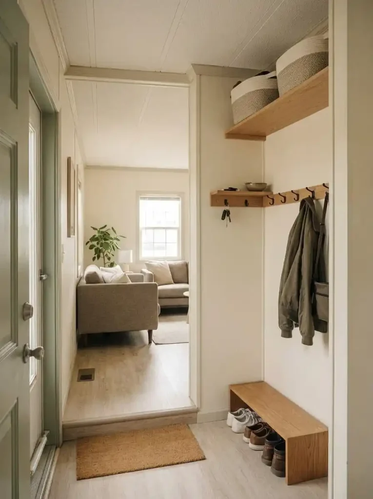 Small mobile home entry with shoes stored low, daily bags and keys at hand height, and occasional items in upper baskets.
